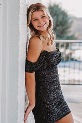 Glitter Black Off the Shoulder Sequins Bodycon Short Homecoming Dress